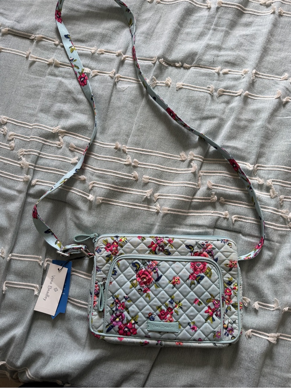 Vera Bradley Quilted Light Blue Crossbody with Pink Floral Print